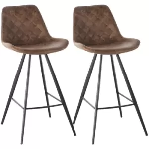 Image of HOMCOM Set Of 2 Bar Stools Vintage Microfiber Cloth Tub Seats Padded Comfortable Steel Frame Footrest Quilted Home Cafe Kitchen Chair Stylish Brown