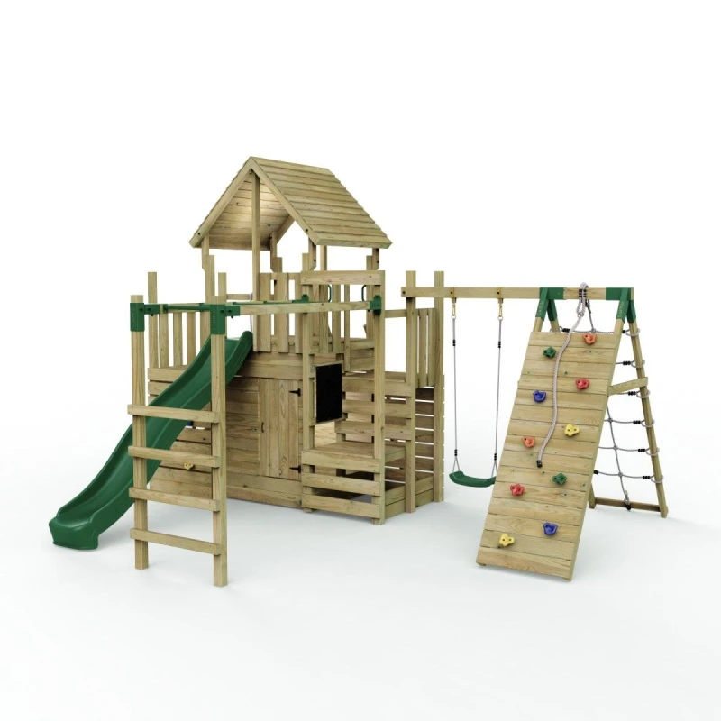 Image of Rebo Wooden Climbing Frame with Swing, Den, Climbing Wall, Monkey Bars and Slide Brown