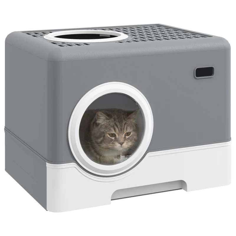 Image of PawHut Enclosed Cat Litter Tray with Lid, Front Entry - Grey D31-084V00GY