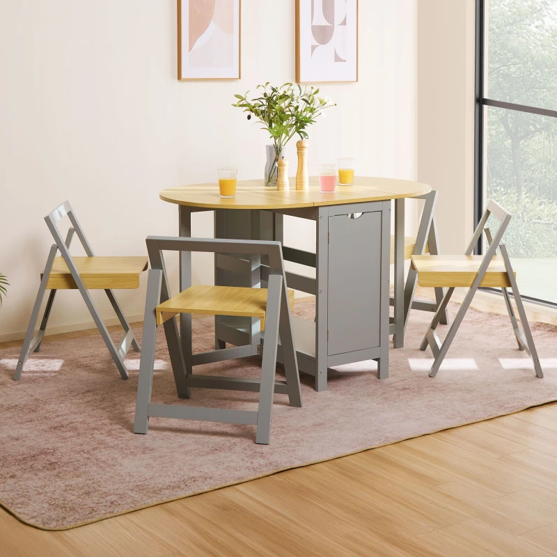 Image of Vonhaus Foldable Table And Chairs Set 4, Grey Dining Room Set With Drop Leaf Table & Folding Chairs, Butterfly Dining Set, Firbeck