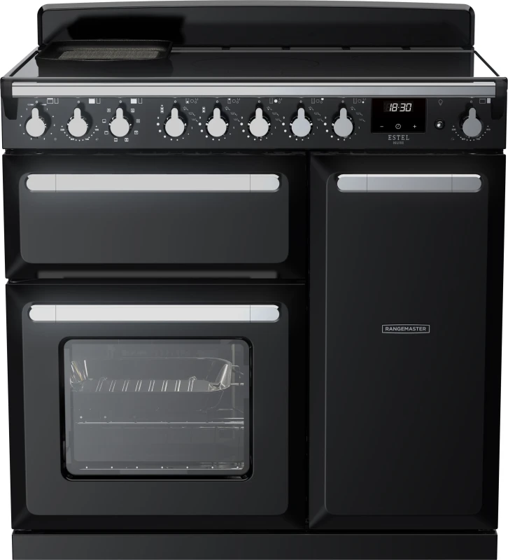 Image of Rangemaster Estel Deluxe ESDL90EIPGBL/CM1 90cm Electric Range Cooker with Induction Hob - Black / Chrome - A/A Rated