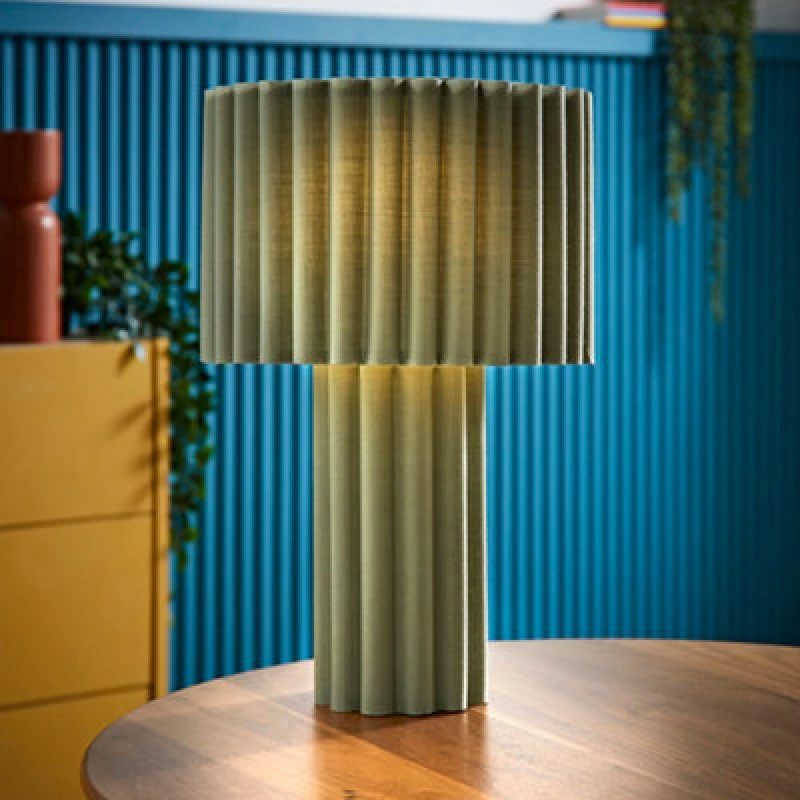 Image of ValueLights ValueLights Lenny Drum Lamp Shade Colour Drench Ribbed Fabric Table Lamp with Bulb in Pale Green Pale Green One Size Unisex 5059406066580