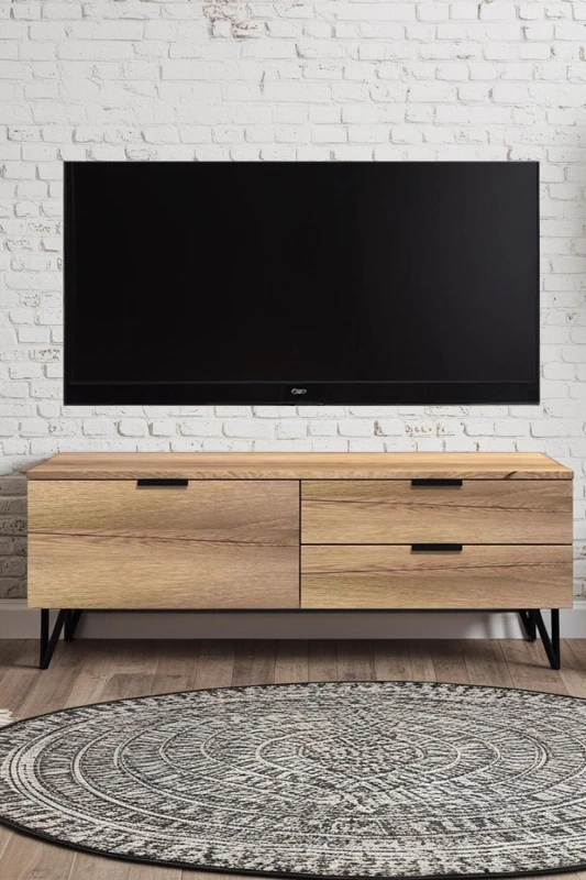 Image of FWStyle FWStyle Cracked Oak 3 Drawer TV Unit Fast Click Assembly in Brown Brown One Size Unisex 5056413123992