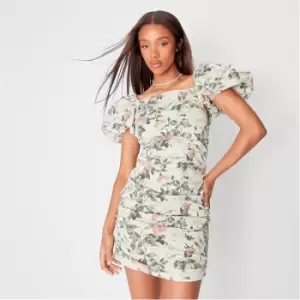 Image of Missguided Floral Print Ruched Bardot Puff Sleeve Mini Dress - Cream