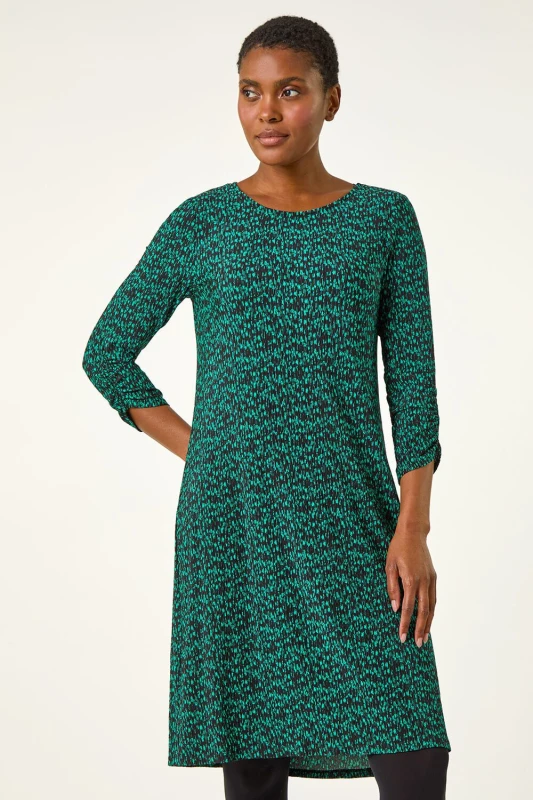 Image of Roman Abstract Print Swing Hem Dress Green
