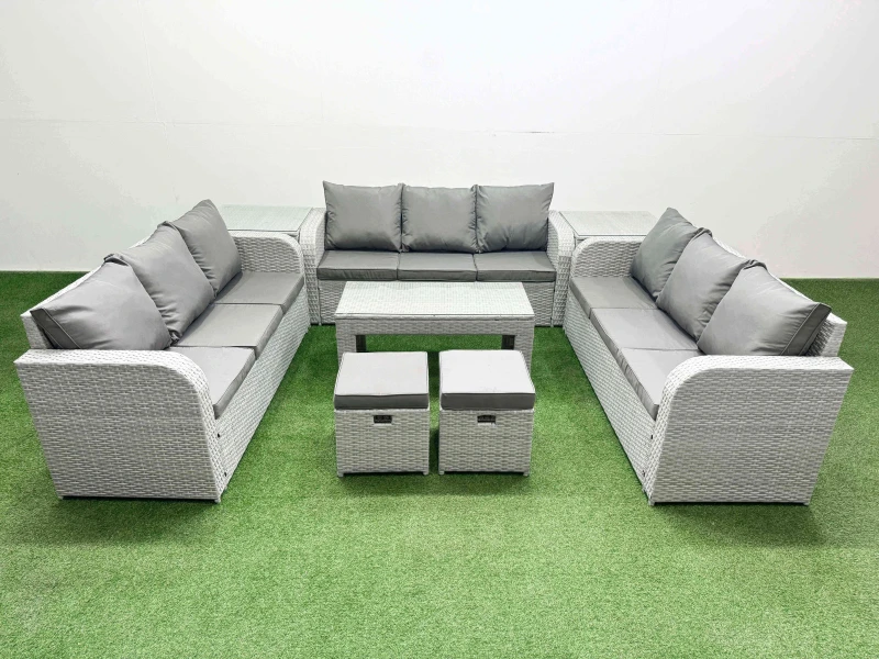 Image of Fimous PE Rattan Lounge Sofa Set 11 Seater Outdoor Garden Furniture Set with Oblong Coffee Table 3 Seater Sofa 2 Stools 2 Side Table Light Grey Light