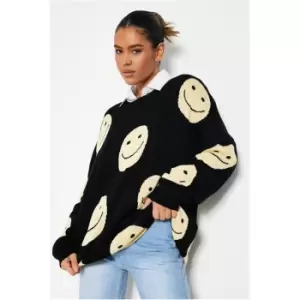 Image of I Saw It First Crew Neck Jumper With Smiley Face Print - Black