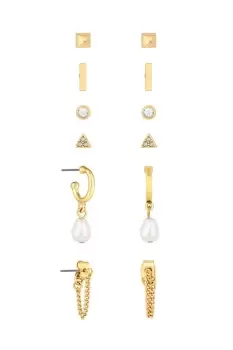 Image of Gold Crystal And Pearl Contemporary Mixed Earrings - Pack of 6