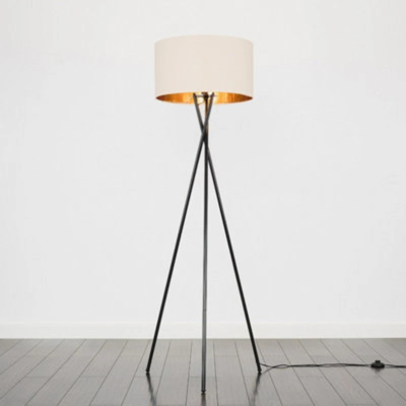 Image of ValueLights ValueLights Camden Black Tripod Floor Lamp with Beige & Gold Lamp Shade and Bulb Beige One Size Unisex 5055759991258