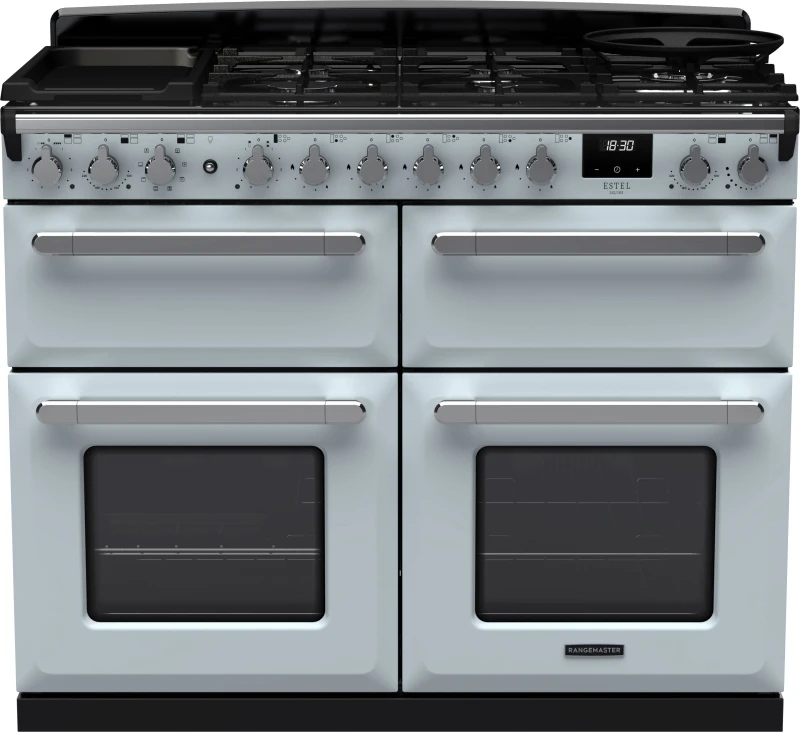 Image of Rangemaster Estel Deluxe ESDLB110DFPMSB/CM1 110cm wide Dual Fuel Range Cooker with Gas Hob - Misty Blue / Chrome - A/A Rated