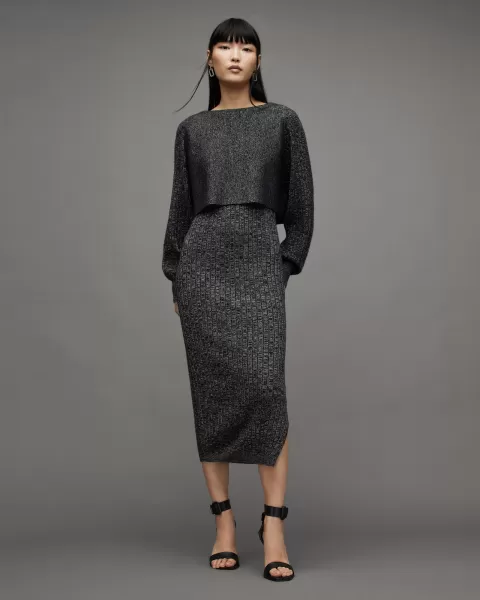 Image of AllSaints Margot 2-In-1 Sparkle Ribbed Midi Dresss