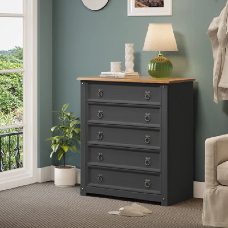 Image of Mercers Furniture Corona Charcoal Small 5 Drawer Chest Solid Pine With Mexican Styling, Grey CHARC94