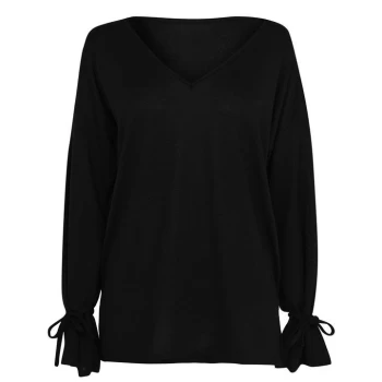 Image of Linea Brushed V Neck Loungewear Jumper With Tie Sleeves - Black