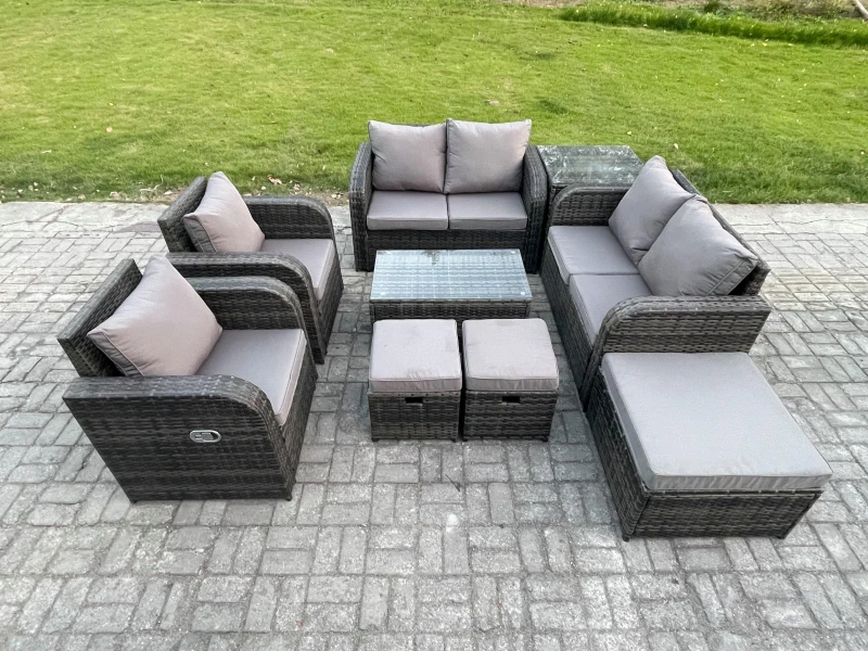 Image of Fimous 9 Seater Rattan Garden Furniture Set Patio Outdoor Lounge Sofa Set with Rectangular Coffee Table 3 Footstools Love Sofa Side Table Dark Grey