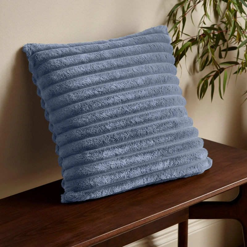 Image of Catherine Lansfield Cosy Ribbed Faux Fur Soft Touch Cushion Cushions 43x43cm Lansfield Blue 42473490043
