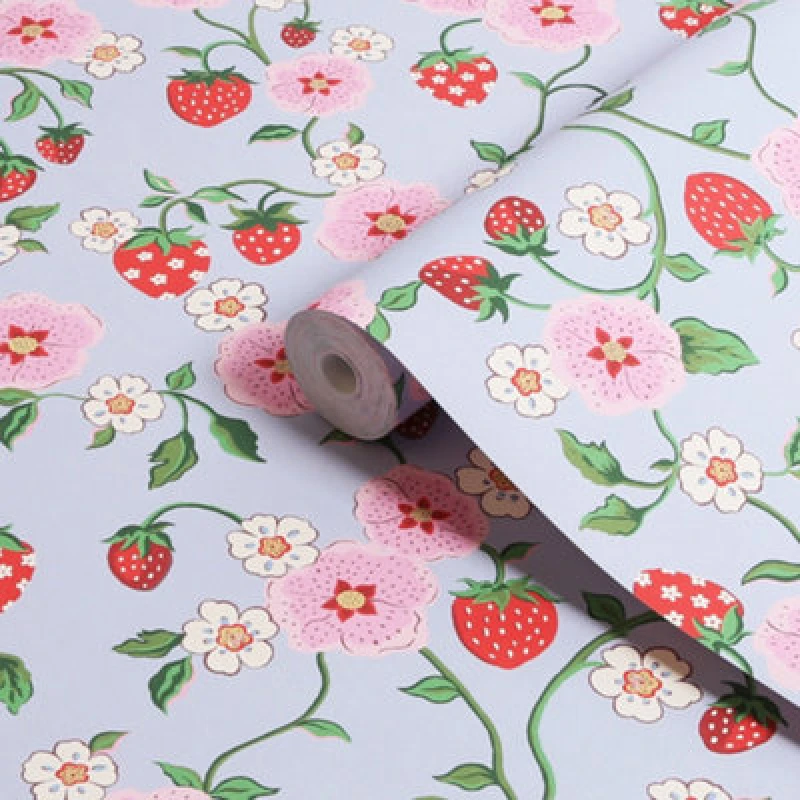 Image of Cath Kidston Strawberry Summer Floral Wallpaper Wallpaper One Size Blue 71752118000