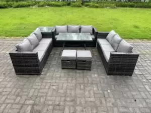 Image of Fimous 9 Seater Outdoor Dark Grey Rattan Lounge Complete Sofa Set with Side Table and 2 Stools