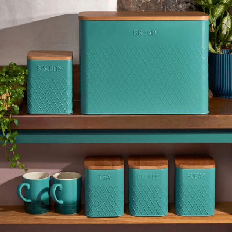 Image of Cooks Professional 5 Piece Tea, Coffee, Sugar, Biscuit & Bread Square Cannister Set With Bamboo Lids & Diamond Pattern - Teal