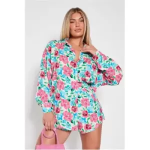 Image of I Saw It First Blue Printed Long Sleeve Button Front Oversized Shirt - Blue