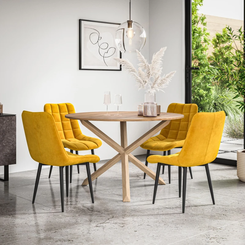Image of More4Homes Malvern Round Dining Table And Chairs - Oak Table Top W Solid Oak Legs + Nova Velvet Dining Chair Set Of 4 (Mustard)
