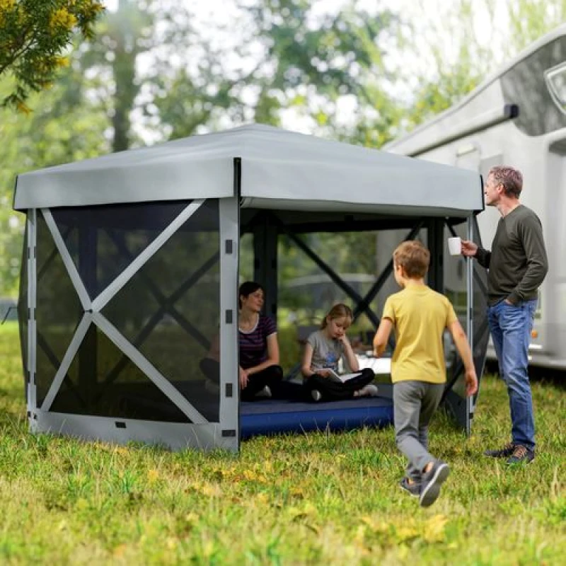 Image of Outsunny 3 x 3(m) Hexagon Pop Up Gazebo with 5 Sides, Netting Light Grey