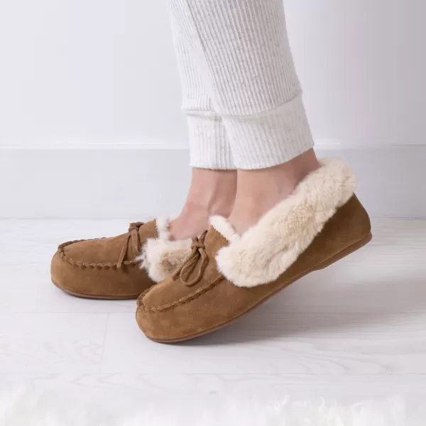 Image of Isotoner Genuine Suede Moccasin with Faux Fur Lining Tan