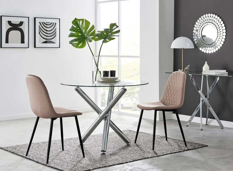 Image of FurnitureboxUK FurnitureboxUK Selina Round Glass Chrome Leg Dining Table and 2 Corona Black Leg Chairs in Beige Size: 2 Person Beige 2 Person Unisex