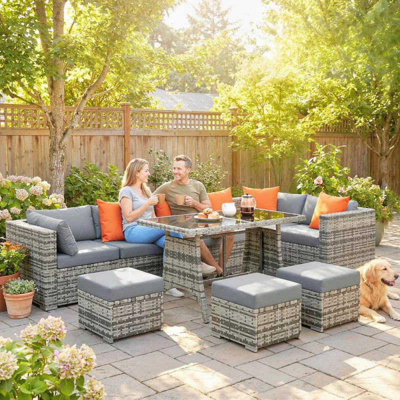 Image of OUTSUNNY 10 Piece Rattan Garden Furniture Set, Outdoor Patio Furniture in Dark Grey Dark Grey Unisex