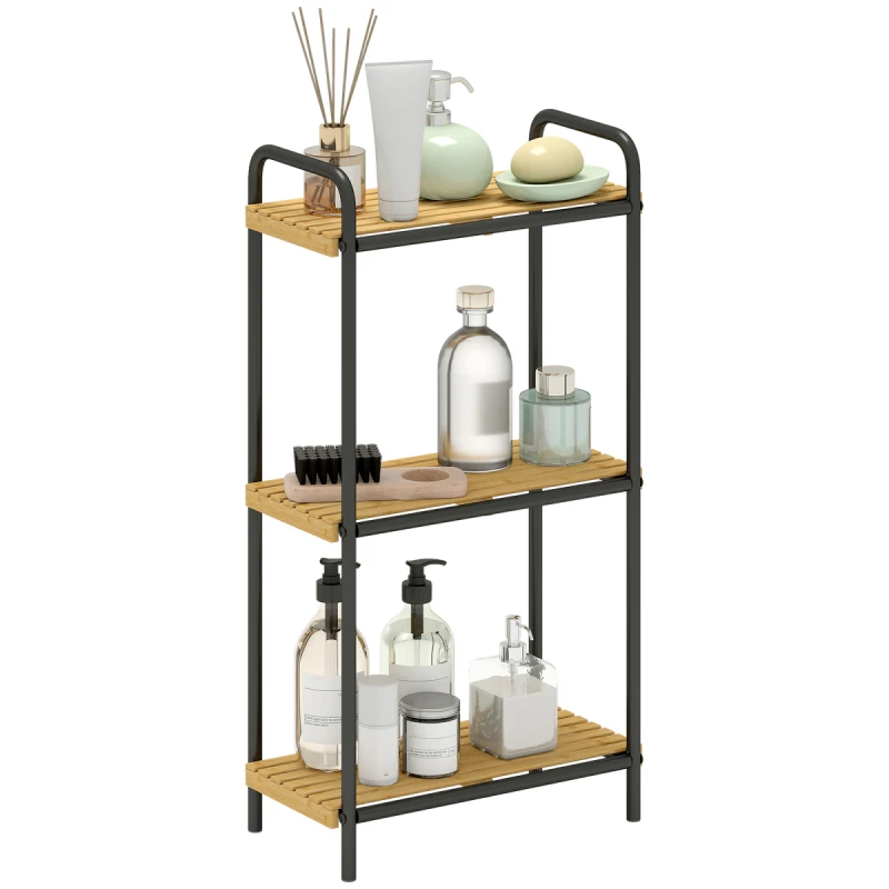 Image of HOMCOM HOMCOM 3-Tier Bamboo Bathroom Shelf, Freestanding Shelving Unit, Natural in Black One Size Unisex 5063603233621