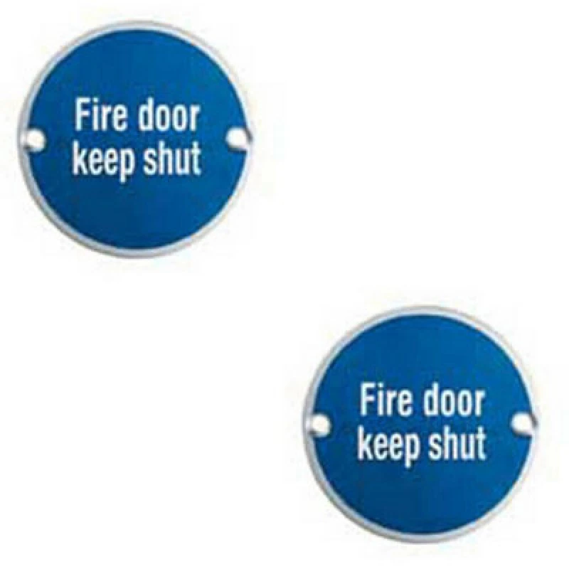Image of Loops 2x Fire Door Keep Shut Sign 64mm Fixing Centres 76mm Dia Satin Steel Metallics