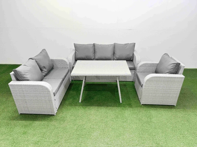 Image of Fimous Patio Dining Table & Chairs Set with 3 Seater Sofa Reclining Chair in Light Grey Light Grey Unisex