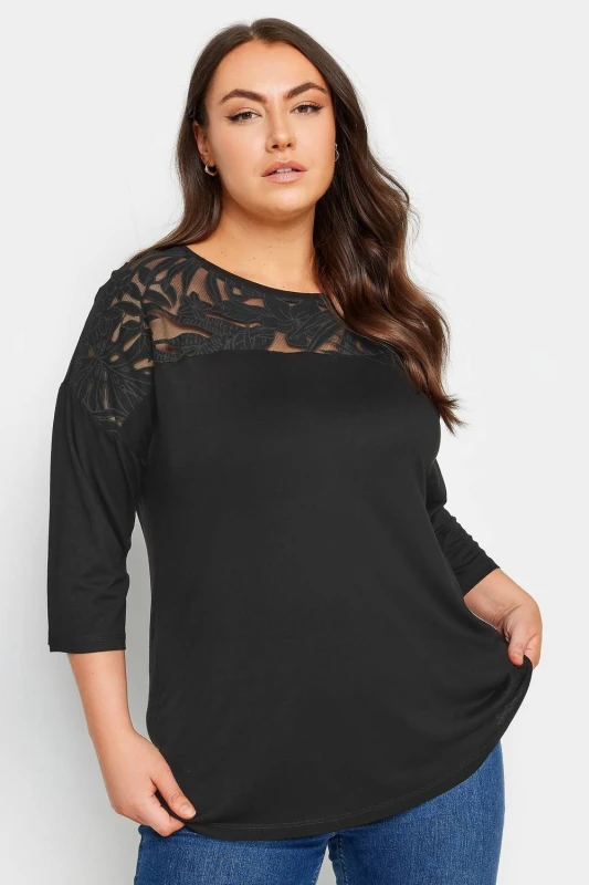 Image of Yours Floral Mesh Detail Top Black