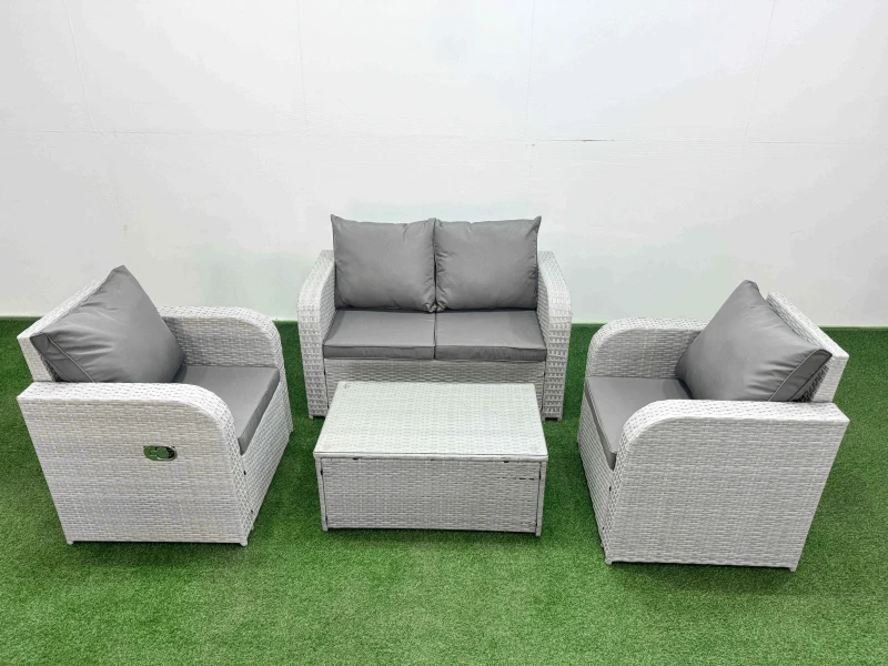 Image of Fimous Light Grey PE Wicker Rattan Garden Furniture Set Sofa Set Reclining Adjustable Chair Rectangular Coffee Table 4 Seater Light Grey