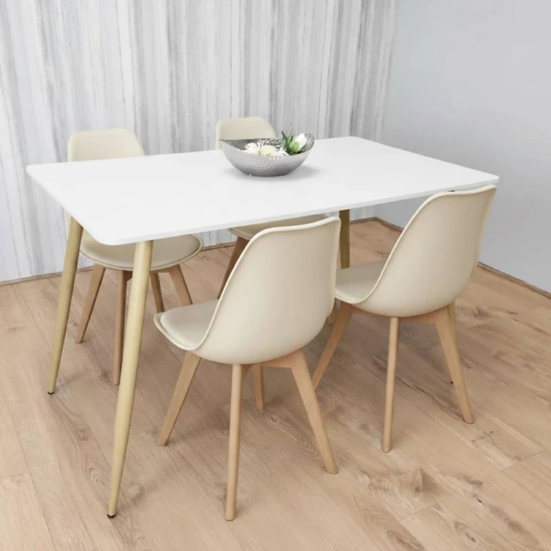 Image of Kosy Koala Modern Rectangle White Dining Table Set With 4 Cream Plastic Chairs Dining Room Furniture