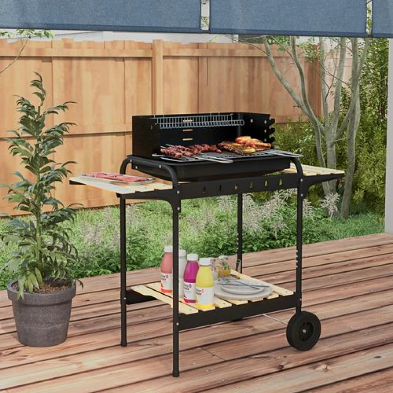 Image of Outsunny Charcoal Barbecue BBQ Grill Trolley W/ 5-level Grill Height Ash Catcher, Black 846-149V00BK