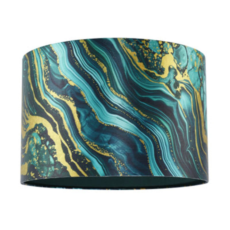 Image of Happy Homewares Modern Green And Gold Satin Fabric Lamp Shade With Wavy Marble Design