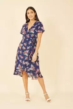 Image of Navy Floral Frill Wrap Midi Dress