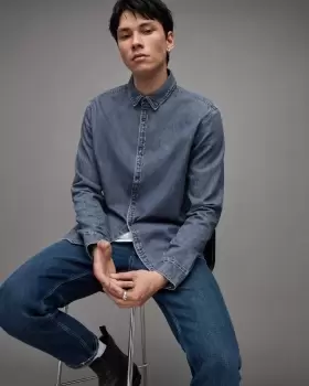 Image of AllSaints Elm Embroidered Ramskull Denim Shirt