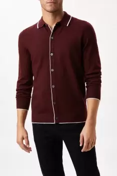 Image of Mens Super Soft Burgundy Tipped Placket Knitted Shirt