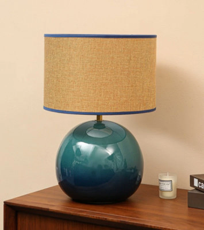Image of K Living Lata Blue Ceramic Table Lamp 44Cm Tall Glossy Glazed Base With Textured Fabric Shade