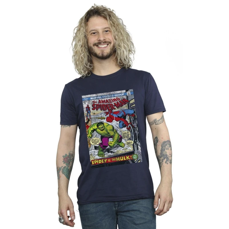 Image of Marvel Marvel Men Spider-Man VS Hulk Cover T-Shirt in Navy Size: Small Navy S Male 5063153428577