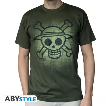 Image of One Piece - Skull With Map Used Mens Medium T-Shirt - Green