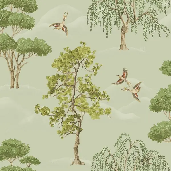 Image of Rasch Maya Willow Woodland Trees Birds Sage Green Wallpaper Nature Feature Wall WL-283876