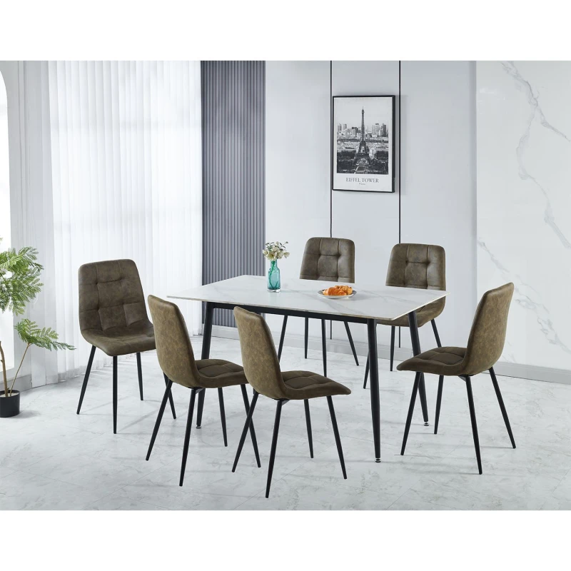 Image of Seconique Fenton Dining Set White Marble Stone Effect With 6 Olive Green Suede Fabric Chairs
