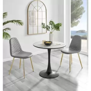 Image of Furniturebox UK - Furniturebox Elina White Marble Effect Modern 80cm Round Dining Table & 2 Grey Corona Faux Leather Dining Chairs with Gold Legs