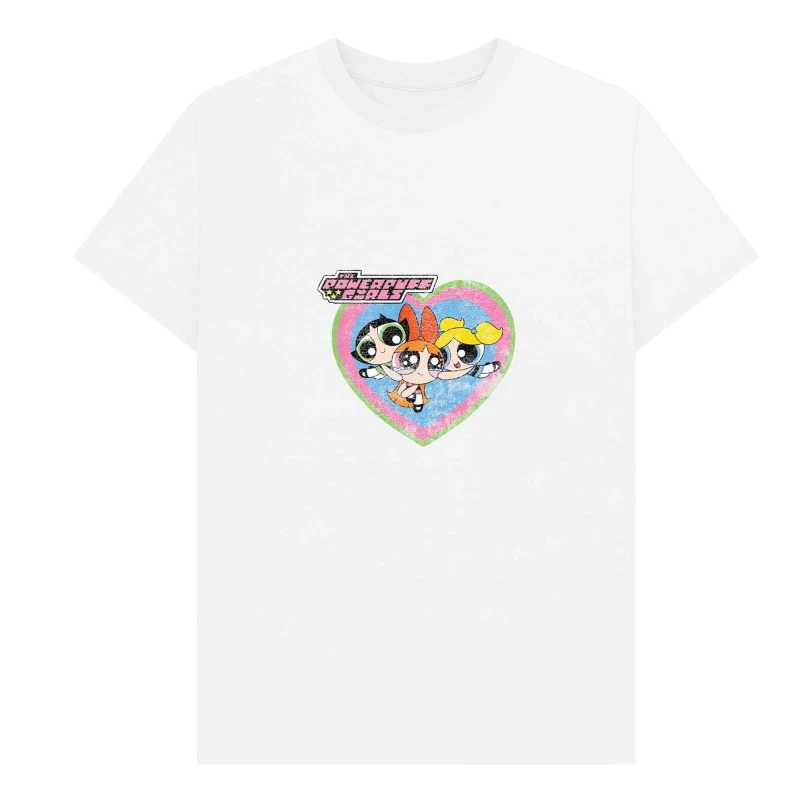 Image of Powerpuff Girls Mens Faded Heart T-Shirt in White Size: Small White Male S