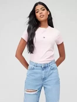 Image of Tommy Jeans Baby Essential Logo Short Sleeve Top - Pink, Size XS, Women