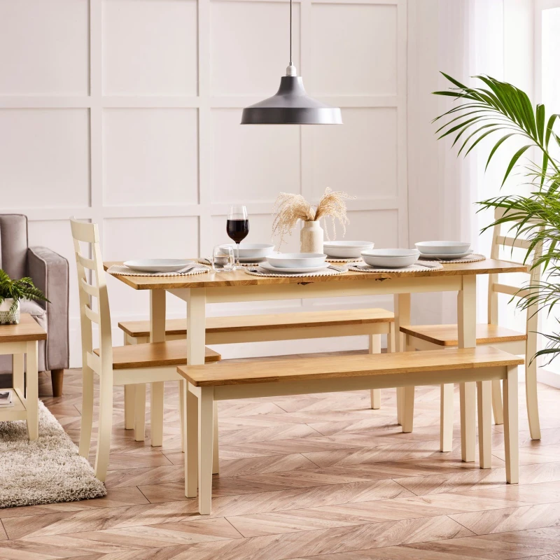 Image of FurnitureboxUK FurnitureboxUK Salcombe Extending Rectangular Wooden Table with 2 Whitby Chairs & 2 Large Benches in Cream Cream One Size Unisex 505665