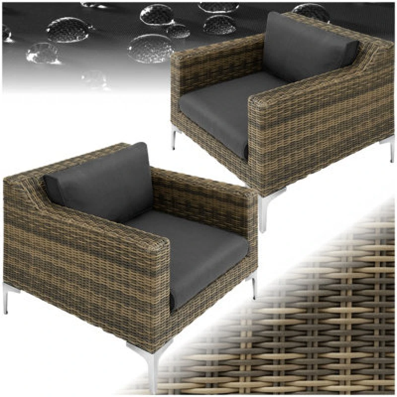 Image of Tectake Rattan Garden Furniture Villa Nova - 2 Armchairs, Thick Seat Cushions - Mottled Anthracite
