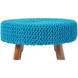 Image of HOMESCAPES Teal Blue Large Round Cotton Knitted Footstool on Legs - Teal Blue